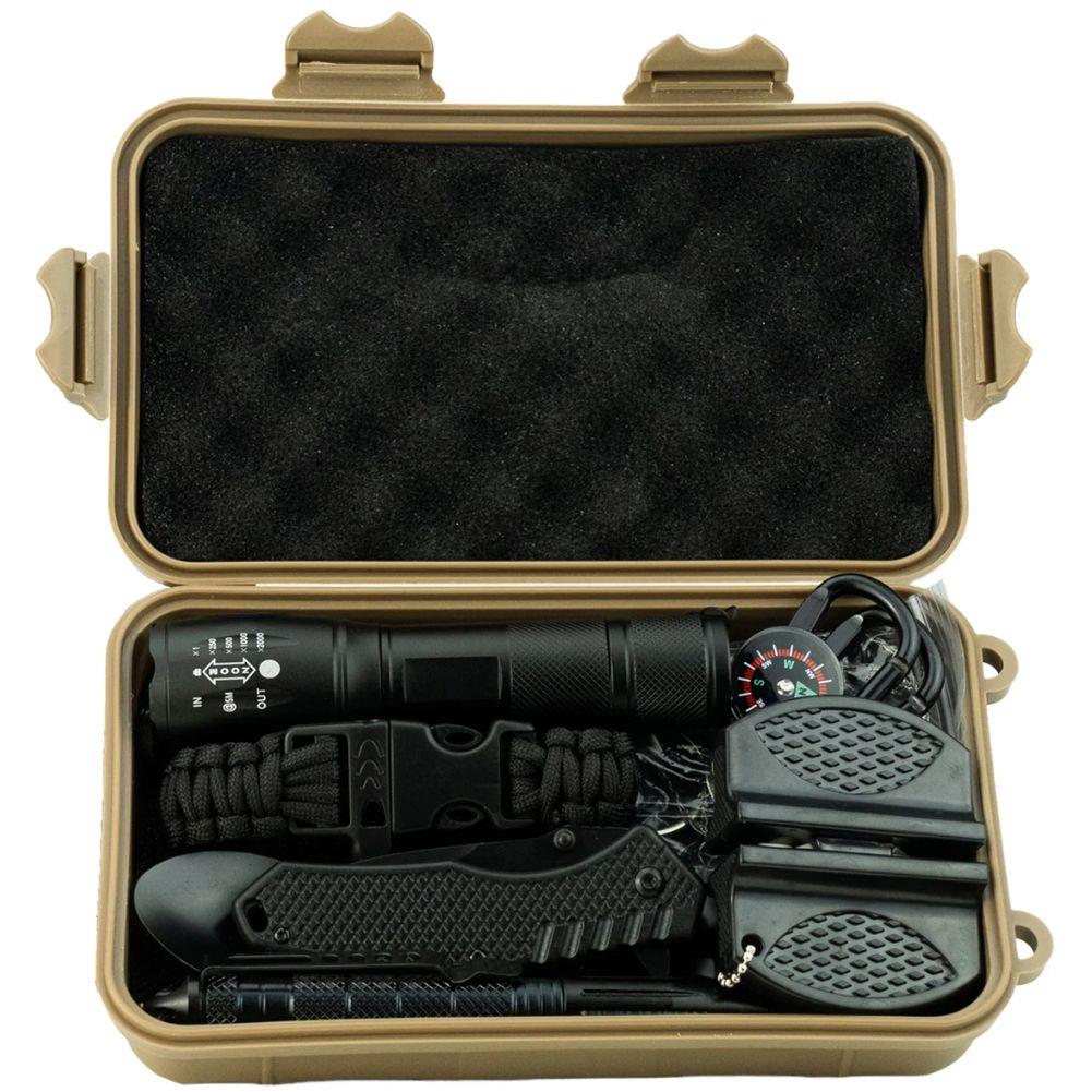 Highlander 10 in 1 Survival Kit with Waterproof Case open