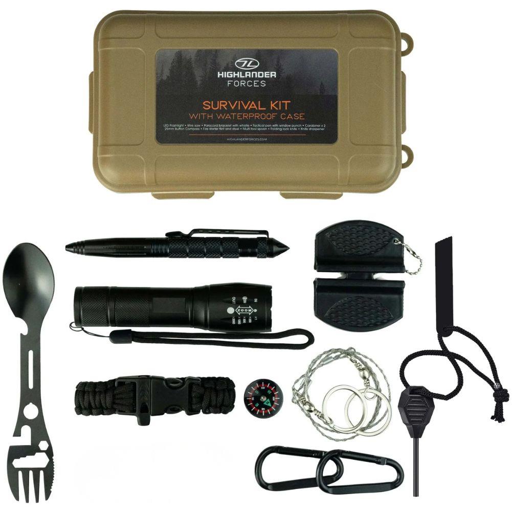 Highlander 10 in 1 Survival Kit with Waterproof Case layout