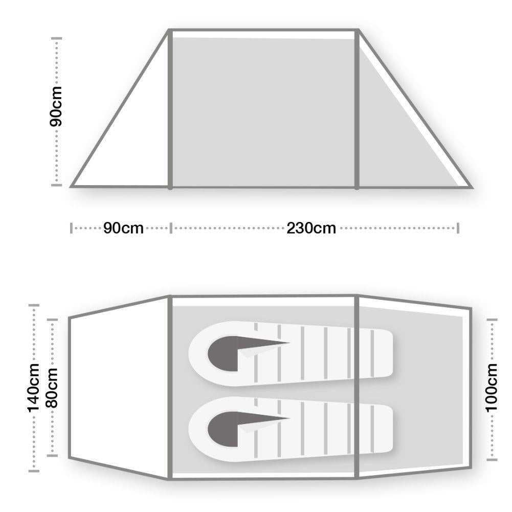 Wild Country Hoolie Compact 2 Tent + Hoolie Compact 2 Footprint + Free Wild Country Aluminium Alloy V-Angle Peg (10 Pack) Measurements