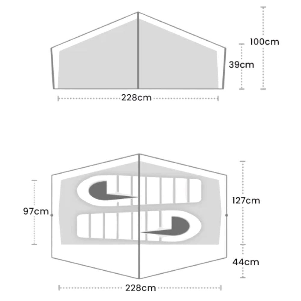 Wild Country Norte Compact 2 Tent + Norte Compact 2 Footprint + Free Wild Country Aluminium Alloy V-Angle Peg (10 Pack) Measurements