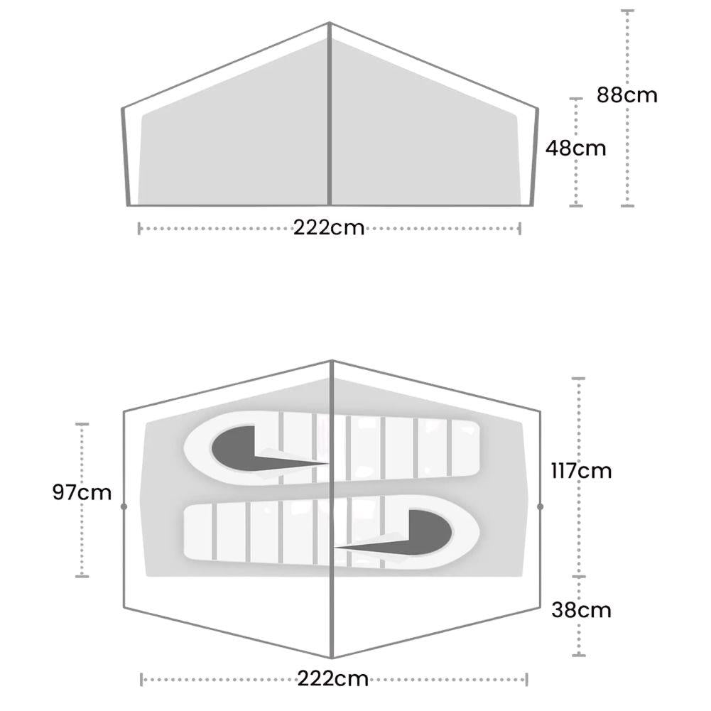 Wild Country Halny Elite 2 Tent + Halny Elite 2 Tent Footprint + Free Wild Country Aluminium Alloy V-Angle Peg (10 Pack) Measurements