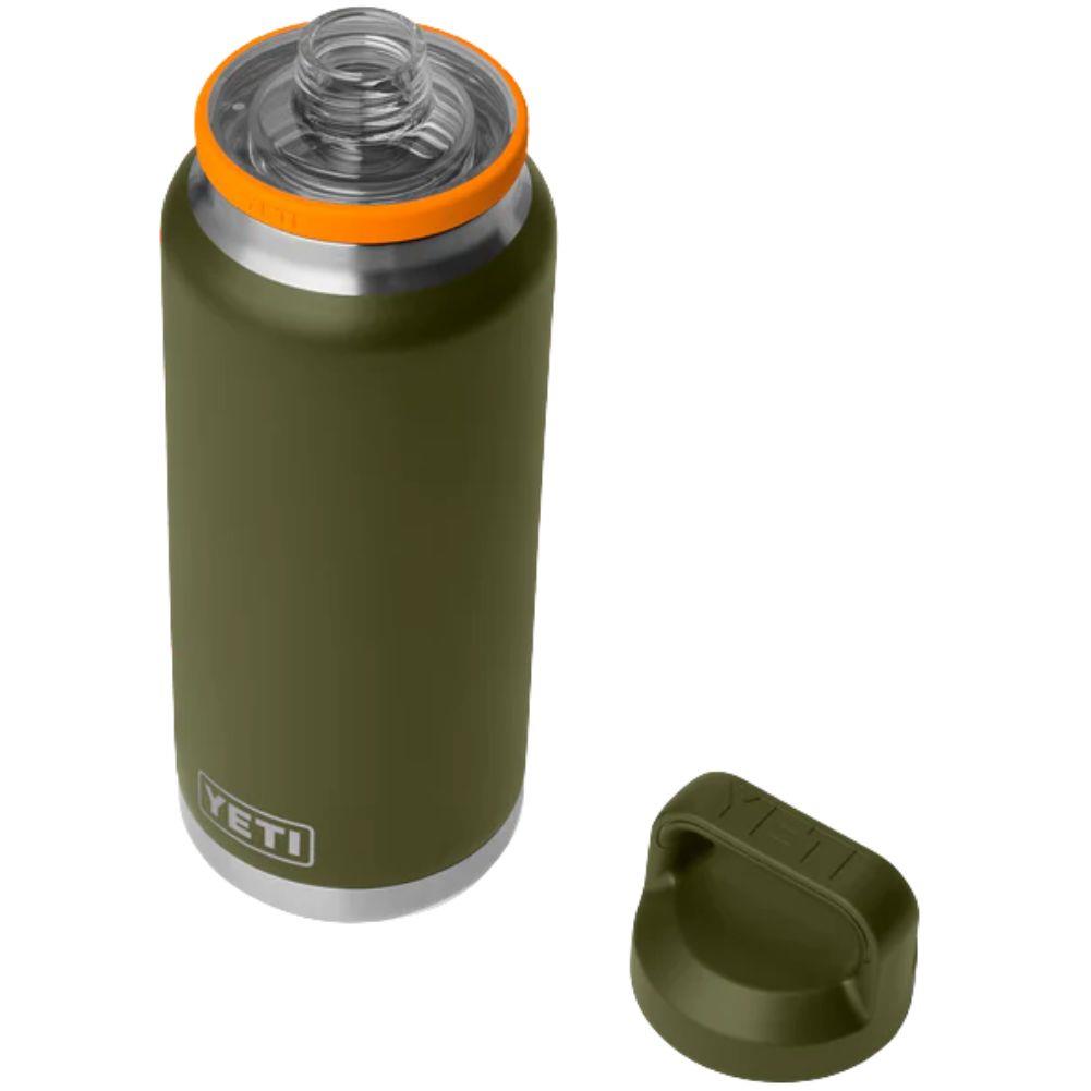 Yeti Rambler 36 OZ Bottle With Chug Cap (Olive/King Crab Orange) lid off