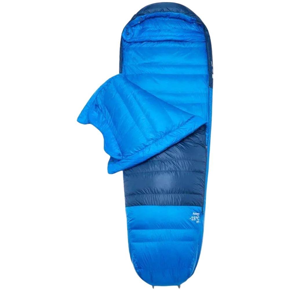 Rab Ascent Down Sleeping Bag (-18°C) - Regular - Right Zip (Tempest Blue/Maya Blue) open