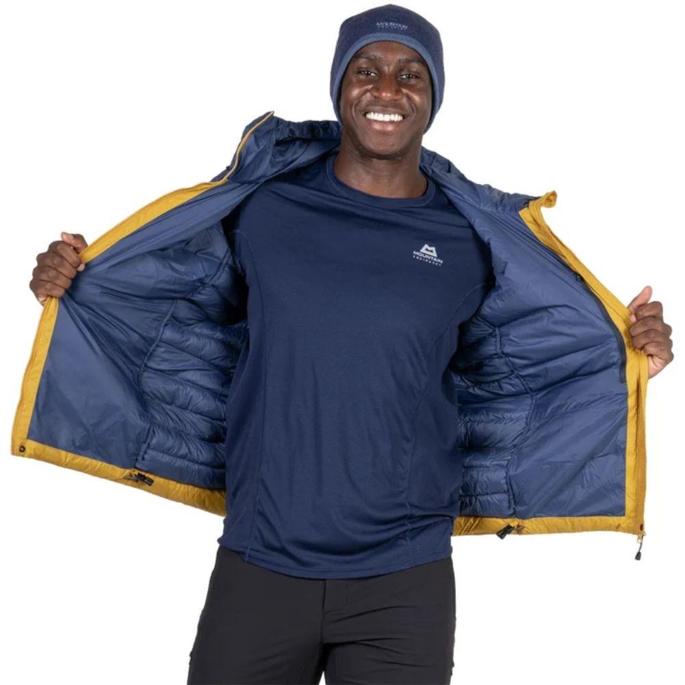 Mountain Equipment Men's Superflux Hooded Jacket (Mustard/Dusk) open